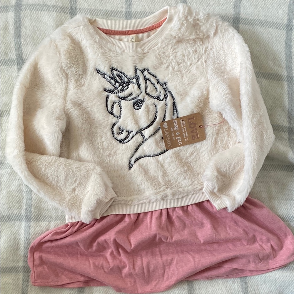 Cream Fuzzy Unicorn Sweater with Pink Skirt